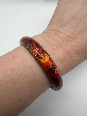 VINTAGE Wooden Bangle • Hand Painted Floral • Red Orange Folk Art